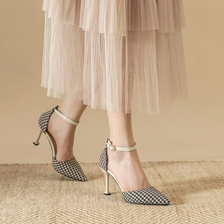 

Houndstooth Pumps Slip on Pointed Toe High heel stiletto shoes for women stiletto shoes with buckles
