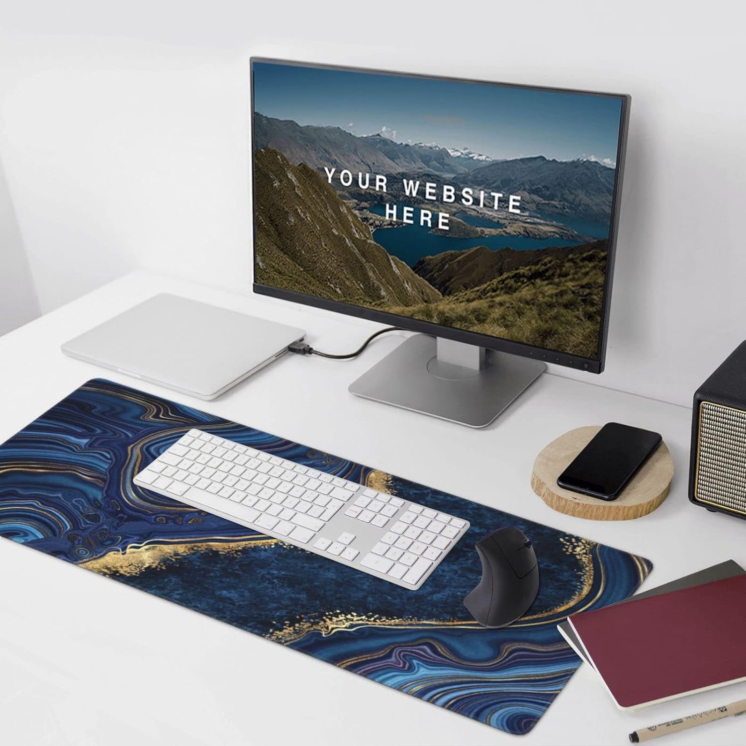 Gaming Mouse Pad,Large Mouse Pads for Desk,Non-Slip Rubber Base Extended Mousepad,XXL Keyboard Mouse Mat,Computer Keyboard Desk Pad with Stitched Edges,35.4x15.8inch,Blue Golden Marble