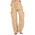 thumbnail image 2 of Hrsba Linen Cargo Pants Women High Waisted Elastic Drawstring Waist Loose Solid Color Long Pants With Pockets, 2 of 7