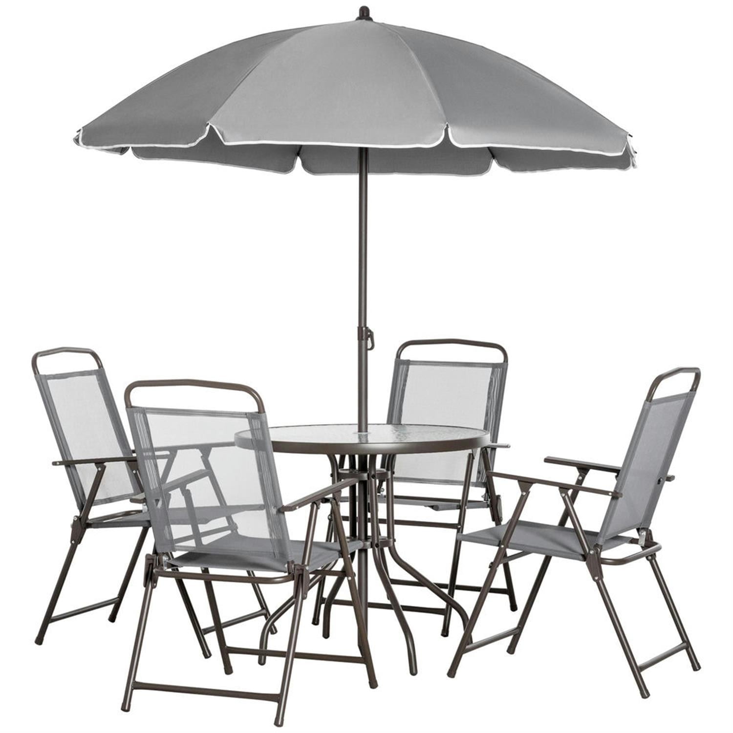 Demi Bonn 6-Piece Outdoor Dining Set with Umbrella, 4 Folding Chairs & Round Glass Table for Garden & Patio, Gray