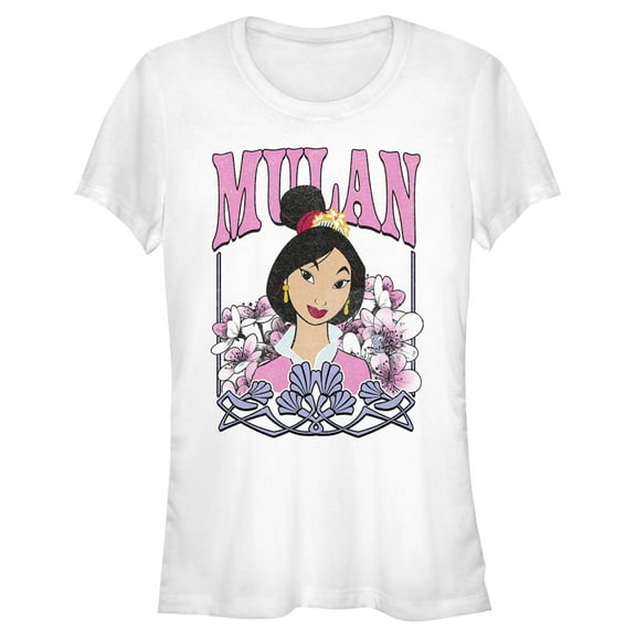 Junior's Mulan Distressed Floral Portrait  Graphic Tee White Small