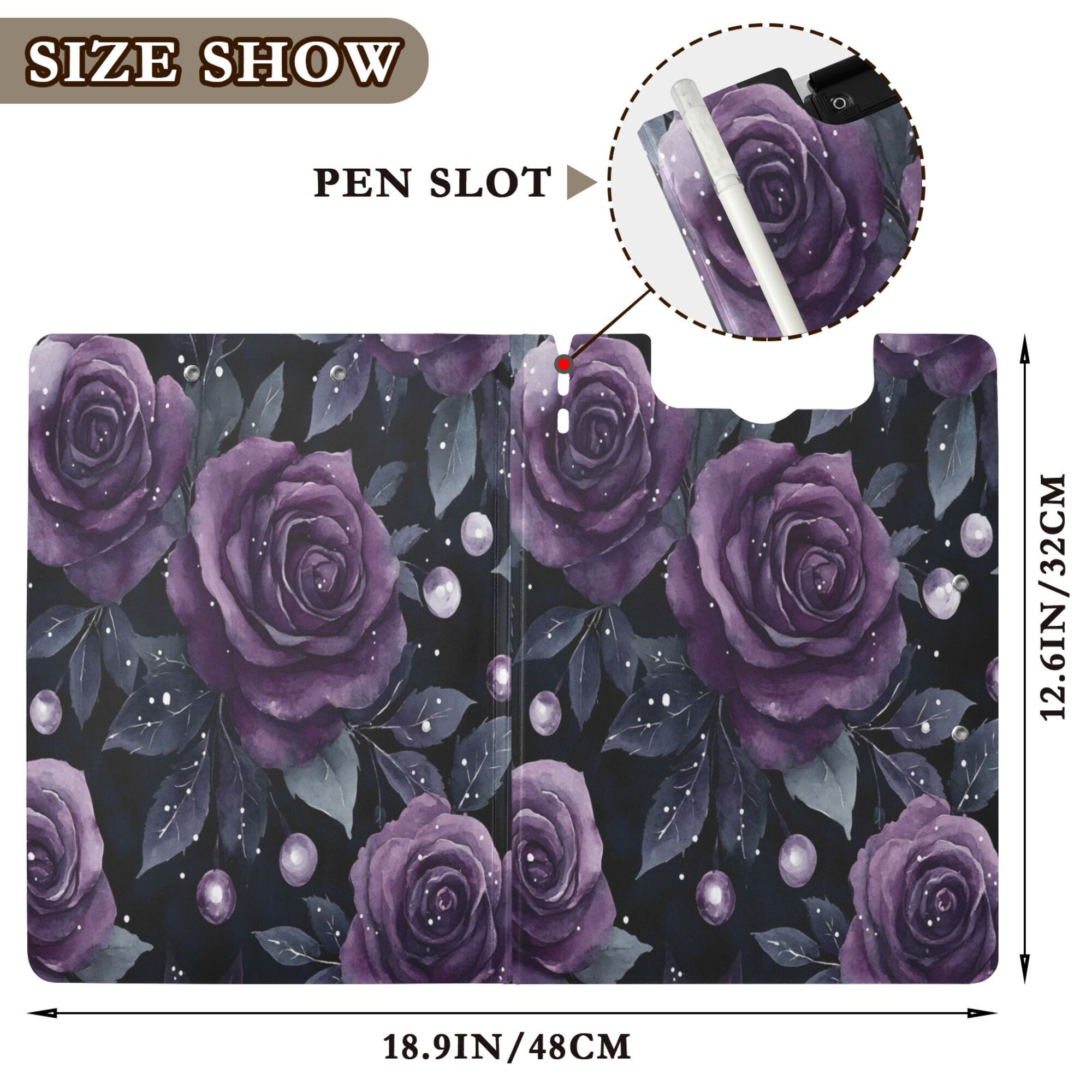 FORMRS A4 Clipboard Folder with Pen Holder Horizontal Foldable School Office Binder, Roses and Pearls