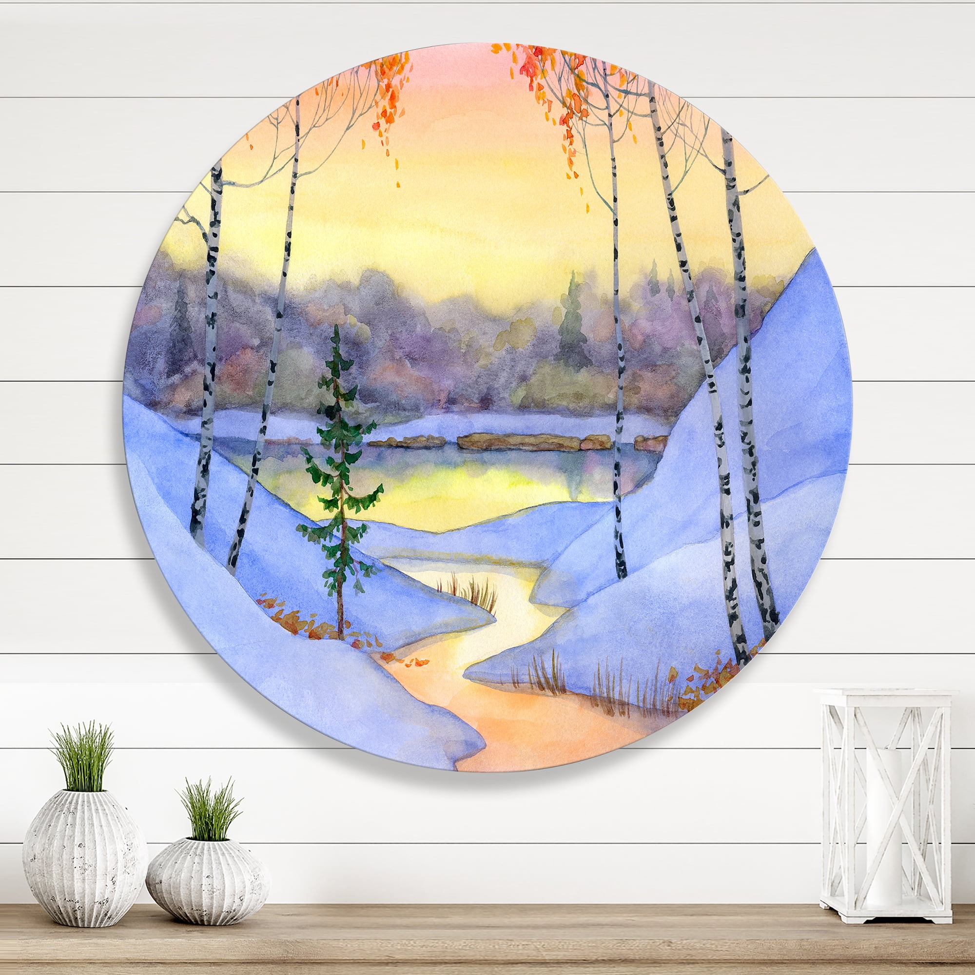 Designart 'Stream Through The Winter Forest II' Lake House Circle Metal Wall Art 11x11 - Disc of 11