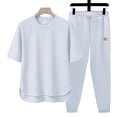 thumbnail image 2 of Matching Travel Outfit Short Sleeve Loose Pants Set Summer Loose Breathable Casual Daily Round Collar Suit Light Blue M, 2 of 5