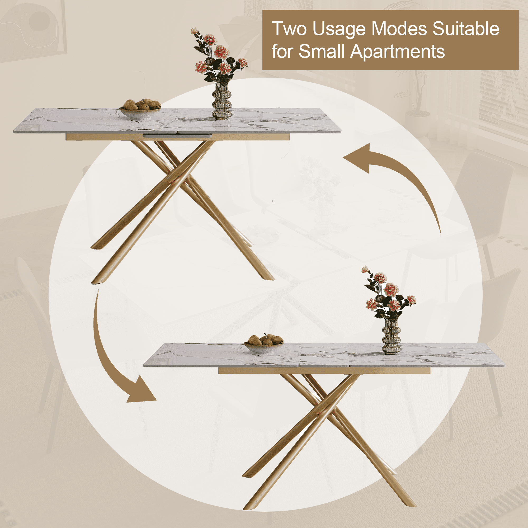 Montary 59-inch Modern Rectangle Expandable Dining Table with Retractable Leaf, Sintered Stone Top & Golden Carbon Steel X-Base, 4-6 Person Table for Small Apartments, Kitchen, Dining Room