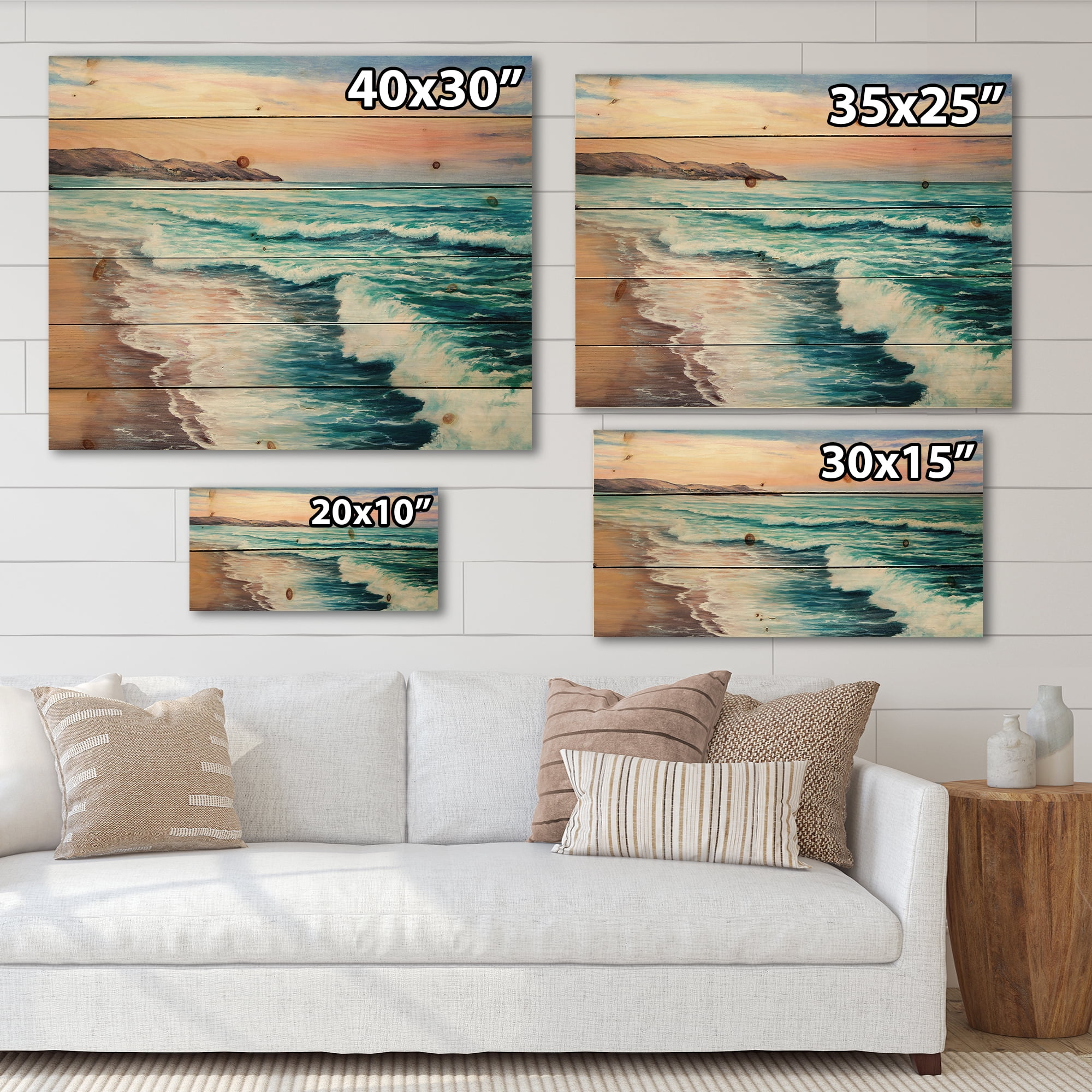 Designart 'Sunrise Glow On The Ocean Waves III' Nautical & Coastal Print on Natural Pine Wood