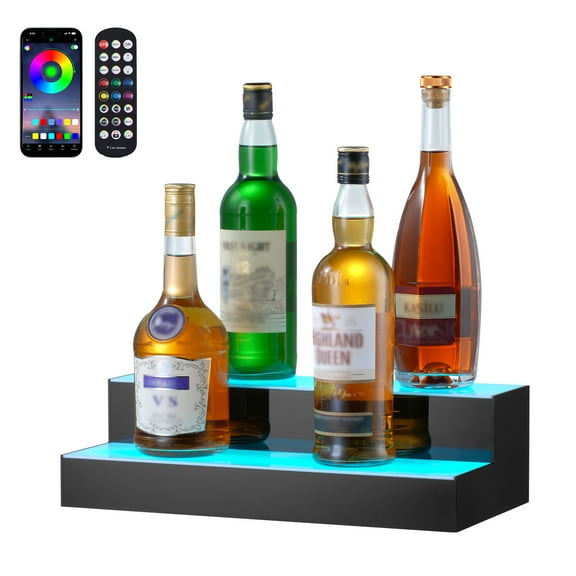 VEVOR LED Lighted Liquor Bottle Display, 2 Tiers 16 Inch Commercial Illuminated Home Bar Shelf, 2 Steps Whiskey Rack Stand, Acrylic Drink Shelves with RF Remote & App Control,and Multicolor lighting