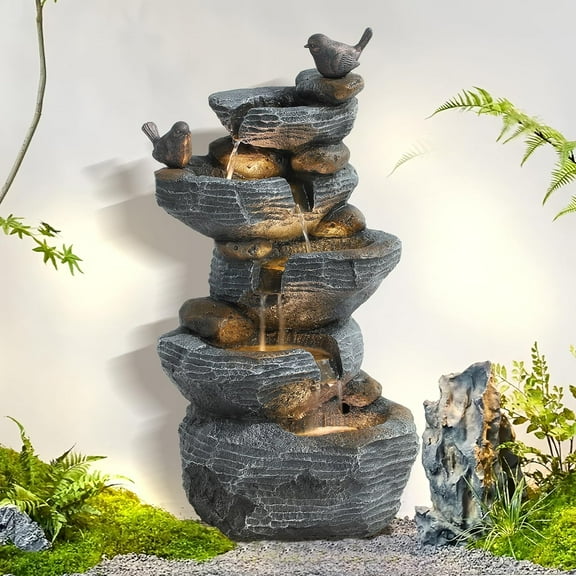 5-Tiers Cascading Rock Outdoor Water Fountain, Garden Freestanding Birds Waterfall Fountains Outdoor with LED Lights Birds Decor, Stacked Stone Outdoor Fountains for Garden Patio Porch, 26" H