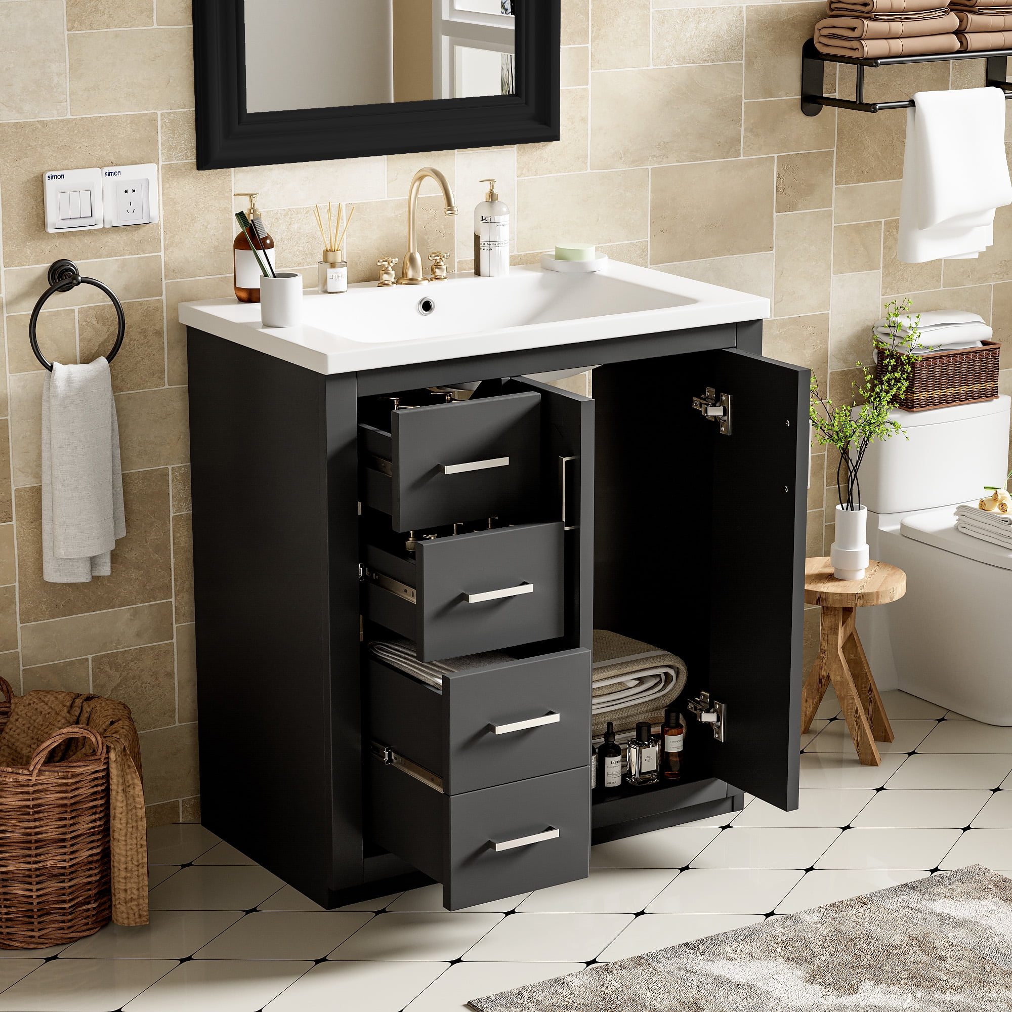 Harper & Bright Designs 30" Bathroom Vanity with Sink, Bathroom Storage Cabinet with Drawers, Single Sink Bathroom Vanity Soft with Closing Doors, Black
