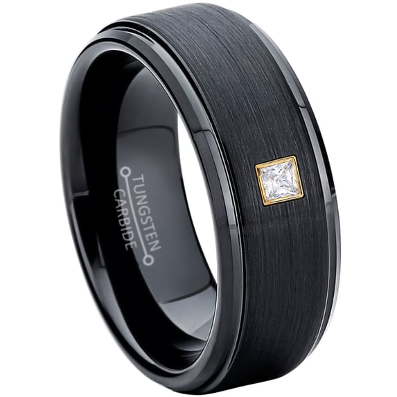 0.05ctw Princess Cut Diamond Tungsten Ring - 8MM Brushed Black IP Stepped Edge Tungsten Carbide Wedding Band - April Birthstone Ring - 14kt Yellow Gold Bezel - TN083PSG-1WDs8.5