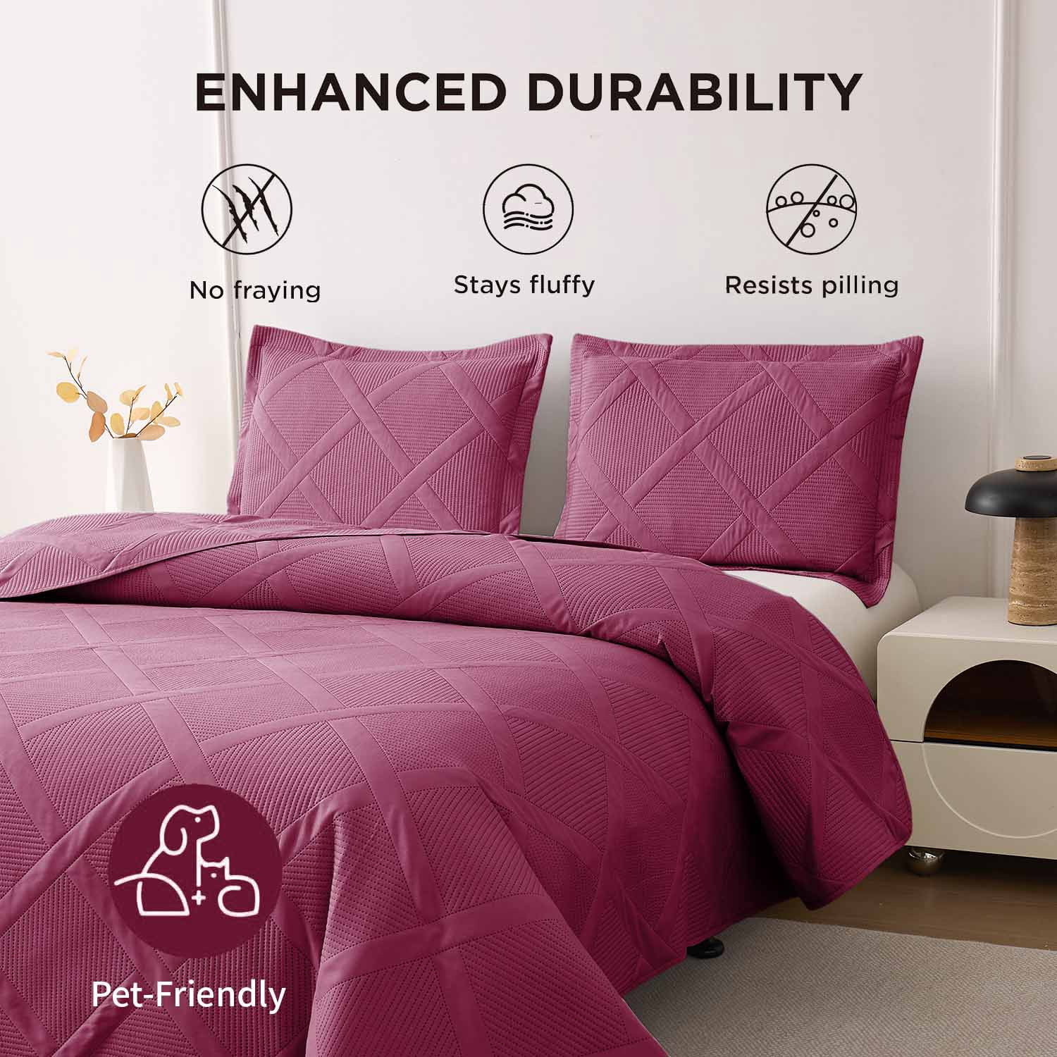 Beartech Solid Color Quilt Set Queen/Full Size Burgundy Bedspread Coverlet Microfiber Bedding Lightweight Reversible Set,Soft Bedding for All Seasons