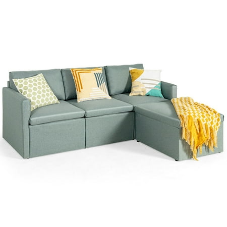 Gymax Convertible L-shaped Sectional Sofa Couch Chaise w/ Ottoman Cushions Green