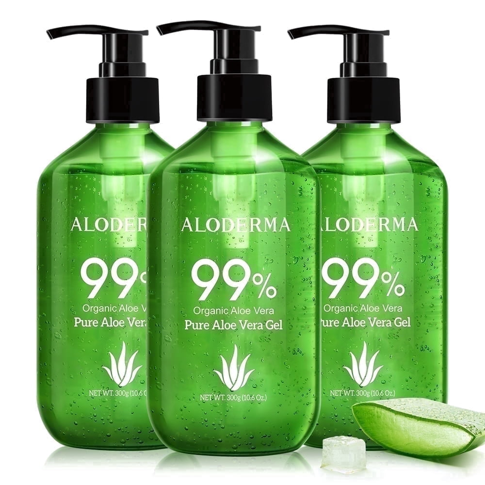 Aloderma 99% Organic Aloe Vera Gel, Bottled within 12 Hours of Harvest (300g, 10.6 oz), 3-Pack, No Sticky Residue - No Powder Concentrates or Water Added - Eco-Friendly