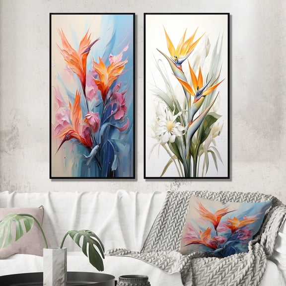 Designart "Representing the Birds of Paradise I" Birds Of Paradise Framed Wall Art Set Of 2 - Peach Floral Framed Canvas Set For Living Room Decor