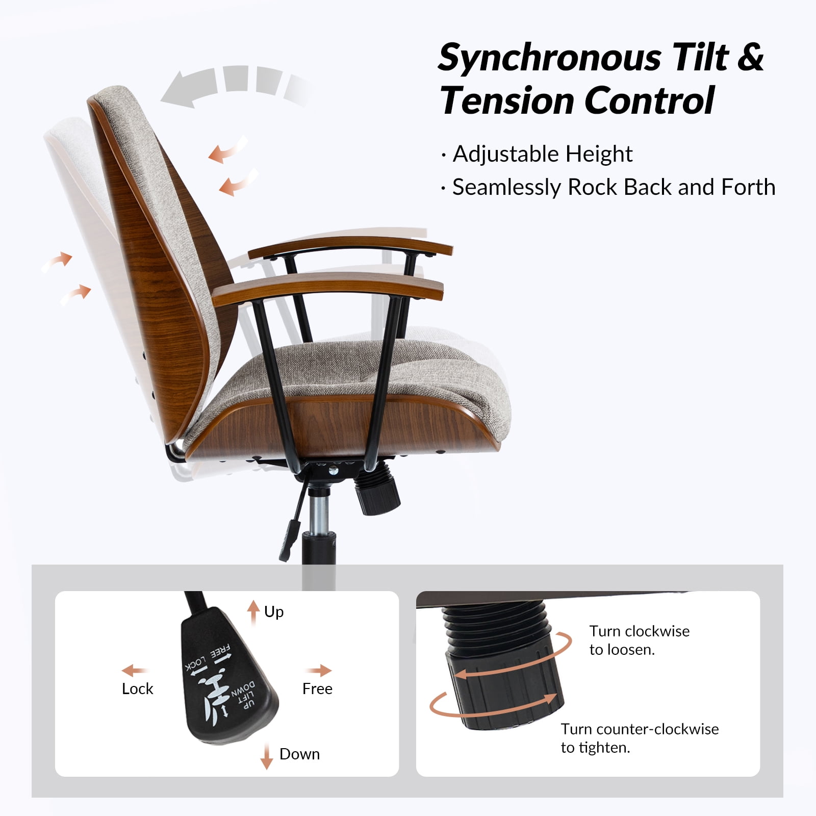 Ergonomic Adjustable Swivel Office Chair with Solid Wood Backrest and Premium Comfort Tan Cushion for Home Workplace
