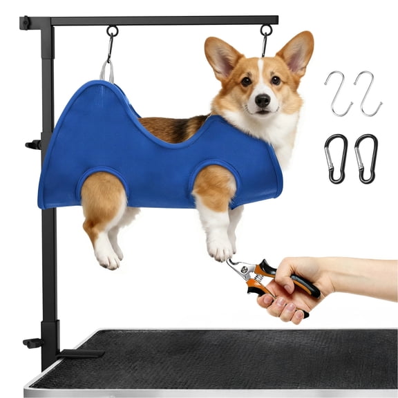 Dog Grooming Stand, Adjustable Height, T-Shape Stable Design, Blue Hammock, Heavy Duty Support, Home Grooming Table for Small Medium Dogs, Easy Setup, Pet Care Tool