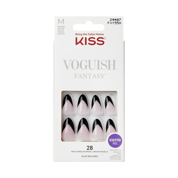 KISS Voguish Fantasy Press on Nails, Stronger, Black, Medium Almond, 28 Count