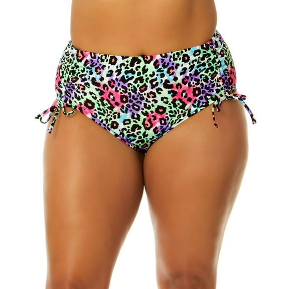 Salt Cove Women's Plus Size Love Side-Cinch Bikini Bottoms Leopard Multi Print, 3X