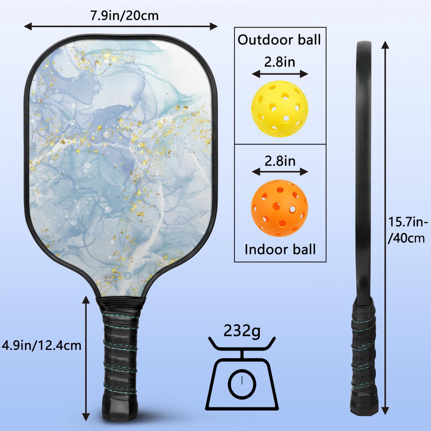 Pickleball Paddles Set Of 2, Fiberglass Surface, Turquoise Marble Pattern, 4 Balls & Bag
