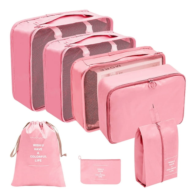 Mejor set de cubos de embalaje para viajes - Organizador de malla de 7 piezas para maleta, ropa, zapatos y artículos de aseo | Bolsas organizadoras de equipaje plegables y portátiles