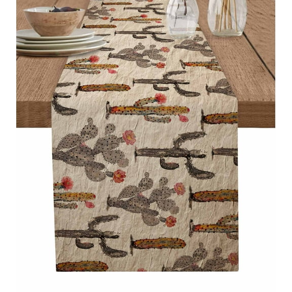 Vintage Cactus Burlap-Cotton Table Runner 70 Inches Long,Farmhouse Retro Brown Summer Botanical Farmhouse Table Runners,Outdoor Dining Tablecloths Decor for Baby Shower Party Wedding 13x70