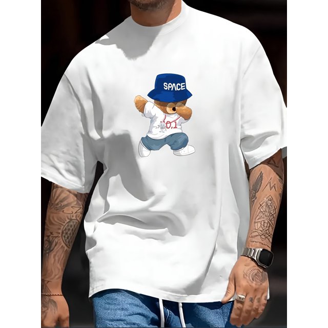 Playful And Quirky Bear Printed, Men's Casual Trendy Fashion Crew Neck T-shirt For Summer And Spring