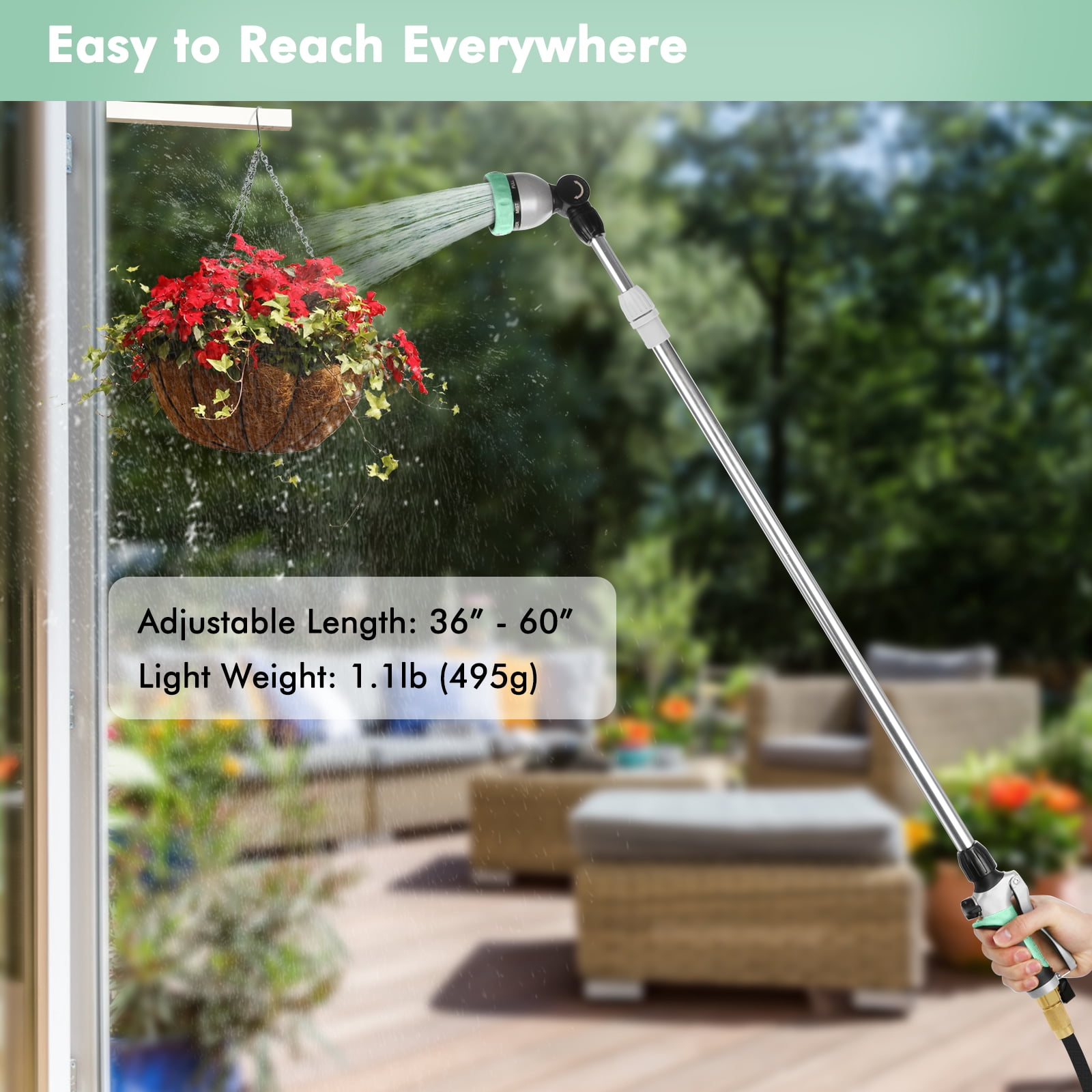 Restmo Telescopic Metal Watering Wand, 36-60 Inch Long Adjustable Tube with 180° Ratcheting Head, 7 Spray Patterns and Flow Control | Garden Hose Sprayer for Hanging Baskets, Shrubs, Lawn, Cyan