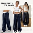 thumbnail image 2 of Women's Wide Leg Track Pants with Pockets, High Waisted Drawstring Sweatpants, Side Stripe Casual Lounge Workout Pants, 2 of 8