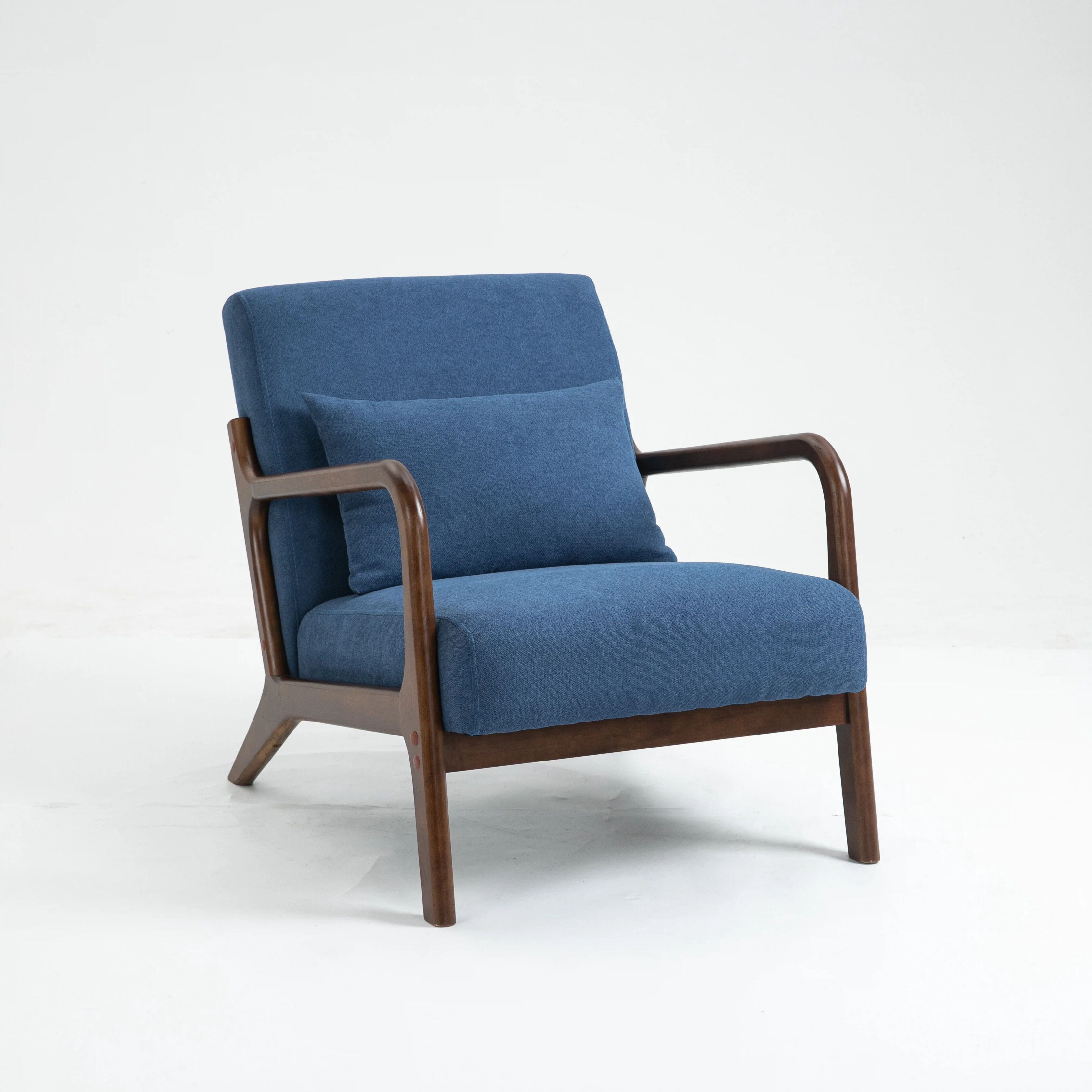 Euroco Mid-Century Modern Accent Chair, Upholstered Armchair with A Pillow and Wood Legs,Comfy Reading Chair for Living Room Bedroom Office,Blue