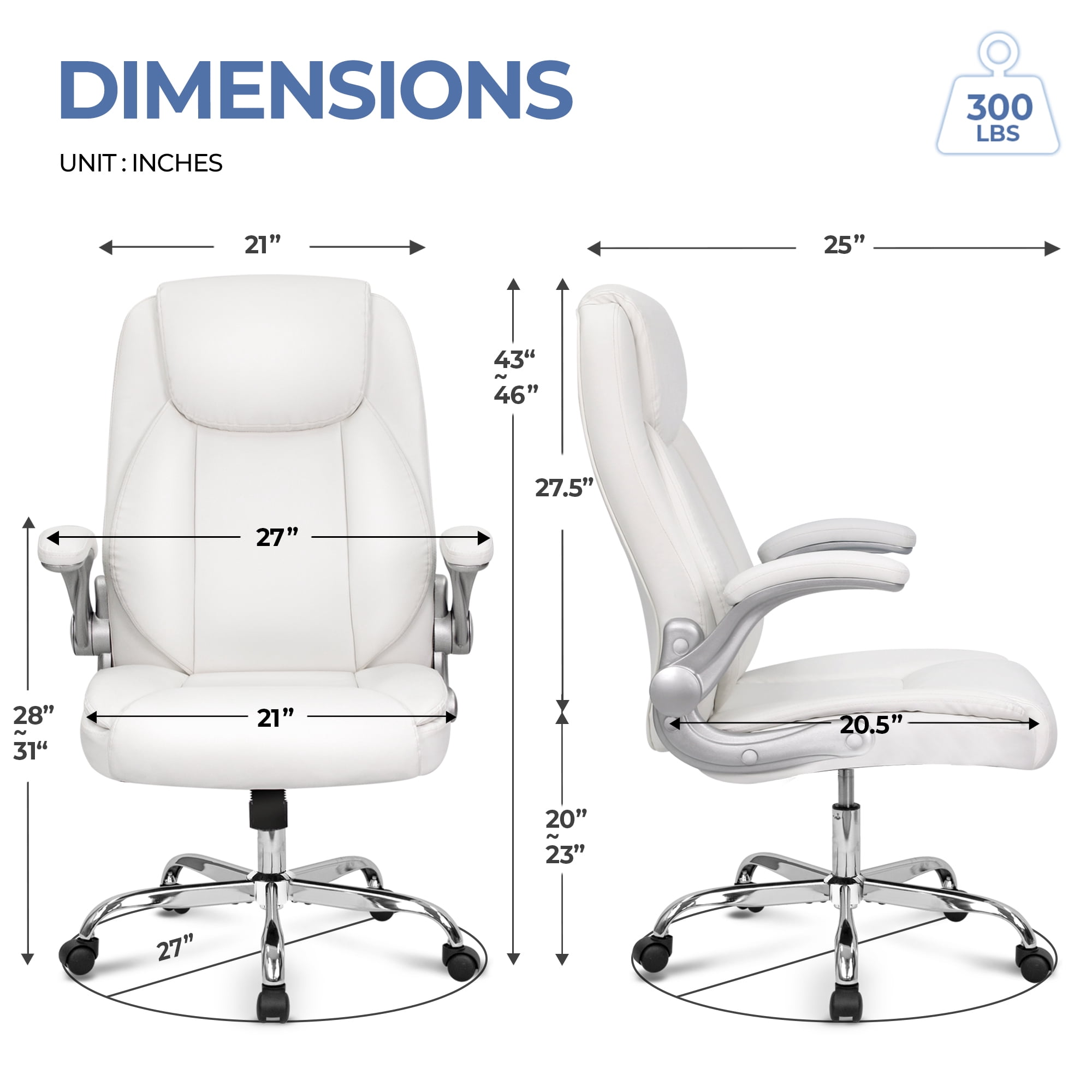 CELTOSS Executive Office Chair with Ergonomic White Leather Back Support and Flip-Up Armrests, Heavy Duty Cushioned Desk Chair, White