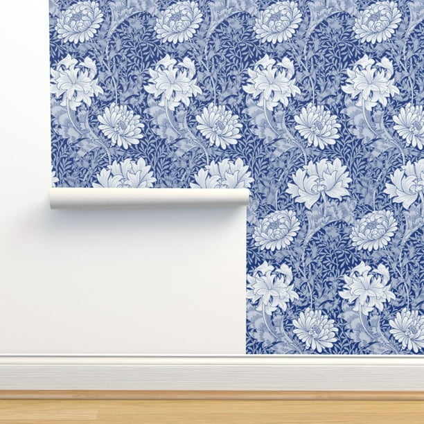 Removable WaterActivated Wallpaper Blue Flowers Floral Antique