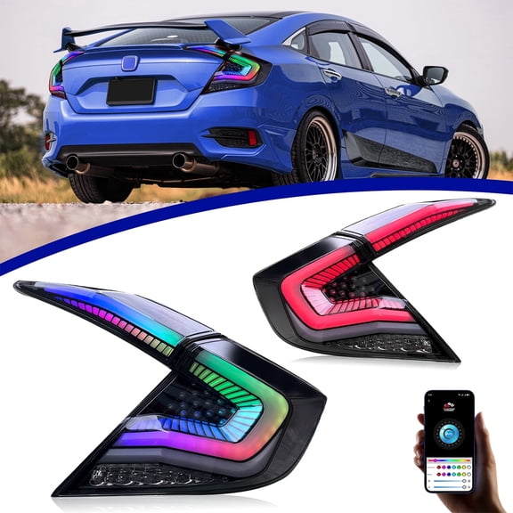 PrismBeam Smoked RGB LED Tail Lights Replacement for Honda Civic Sedan 10th Gen 2016-2021- Fits Si, EX, LX, and Touring Models with Dynamic Sequential Turn Signals