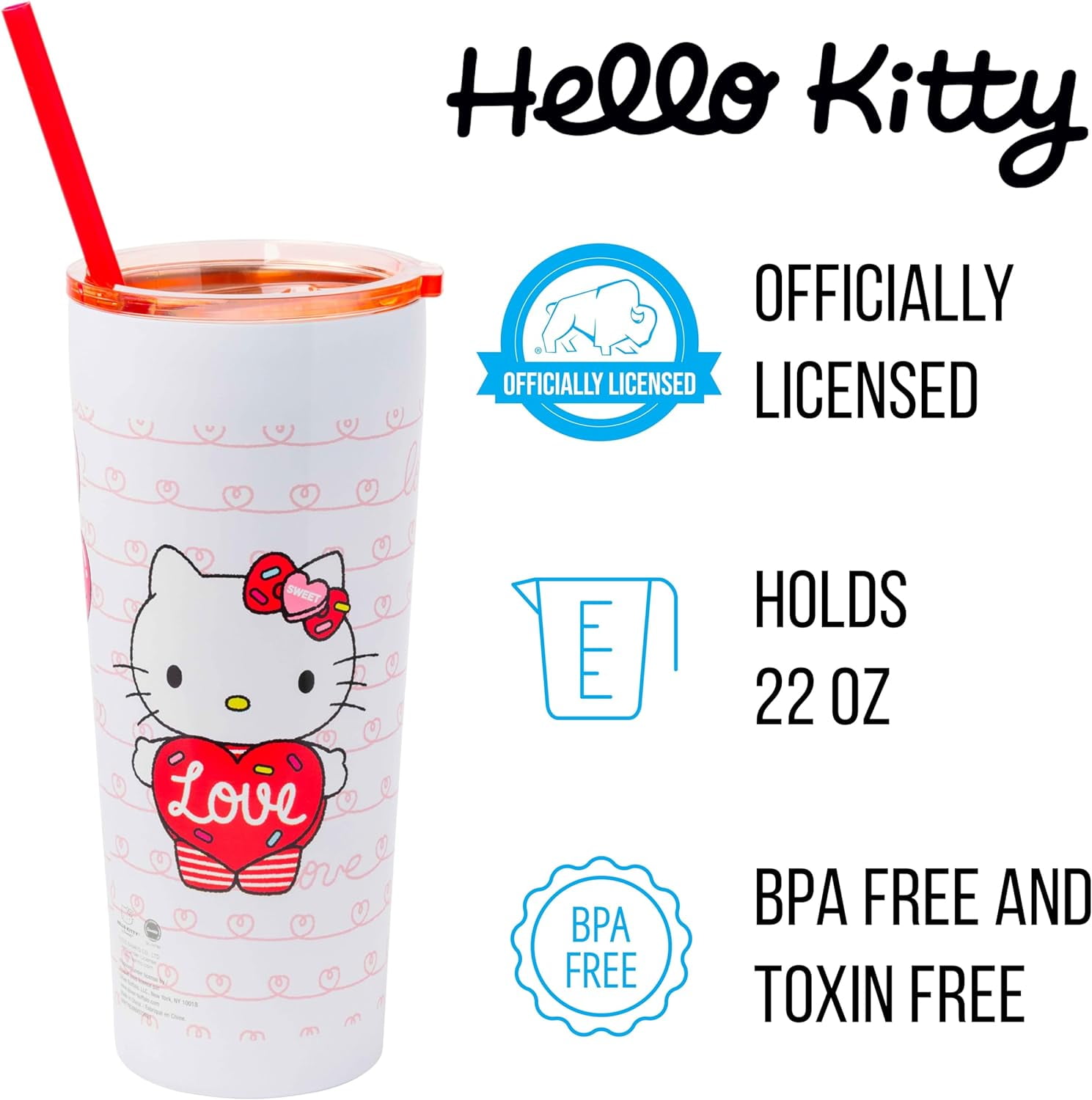 Everyday Delights Hello Kitty Heart Tumbler with Cover & Straw 480ml - Pink