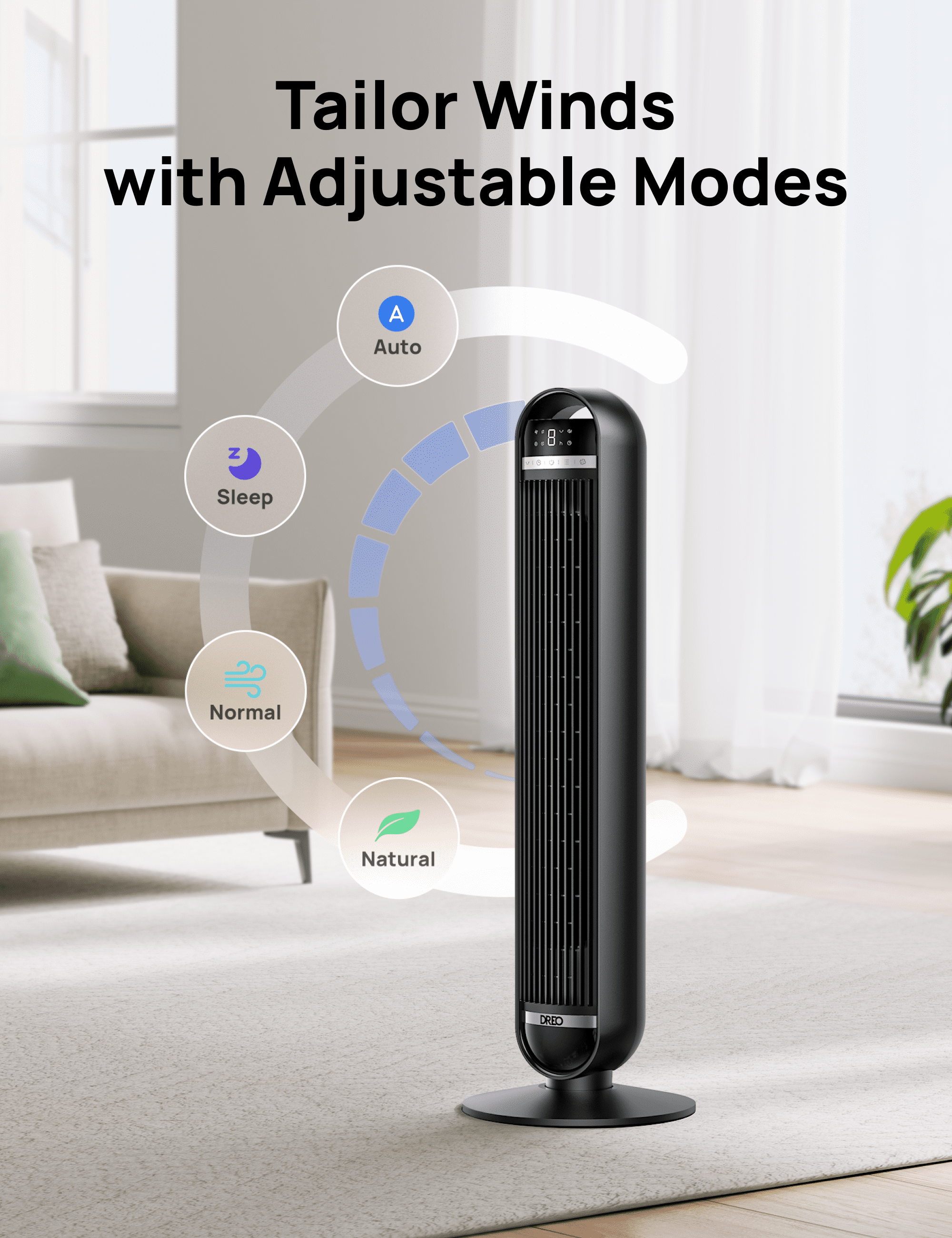 DREO Nomad DC Tower Fan, 27ft/s Velocity, Ultra Quiet Bladeless Floor Fan with 10 Speeds and 4 Modes, 90° Oscillating, Remote Control