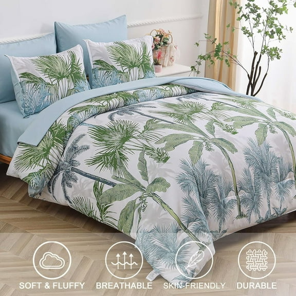 Botanical Comforter Set Queen, 7 Pieces Blue Palm Tree Bed in a Bag, Reversiable Soft Microfiber Beach Bedding with Comforter, Flat Sheet, Fitted Sheet, Pillow Shams Pillowcases