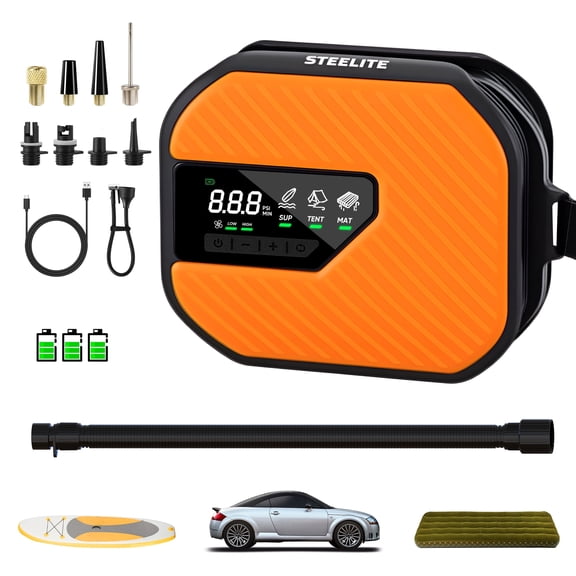 Steelite Electric Paddle Board Pump, Rechargeable 50PSI High Pressure SUP Air Pump with Auto-Off, Dual-Stage Inflation and Deflation, Portable Electric Pump for Inflatiable Bed, Boat, Tent, Orange
