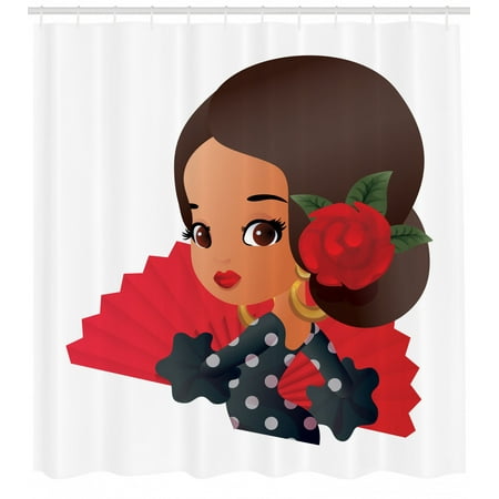 Spanish Shower Curtain, Chibi Character in Flamenco Costume with Rose Flower on Her Hair Girl Cute Cartoon, Fabric Bathroom Set with Hooks, 69W X 75L Inches Long, Multicolor, by