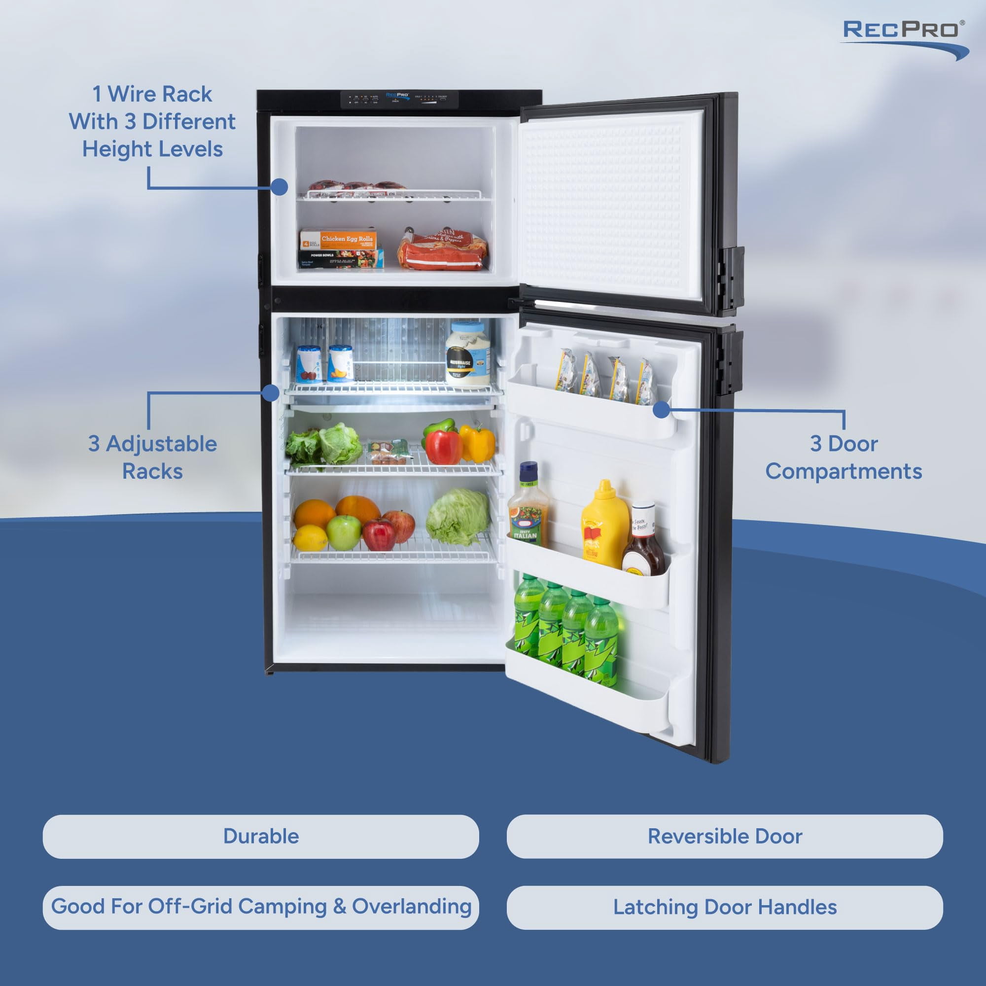 RecPro RV Refrigerator 6.3 Cubic Feet Gas and Electric | 110V / 12V / Propane Gas | Stainless Finish