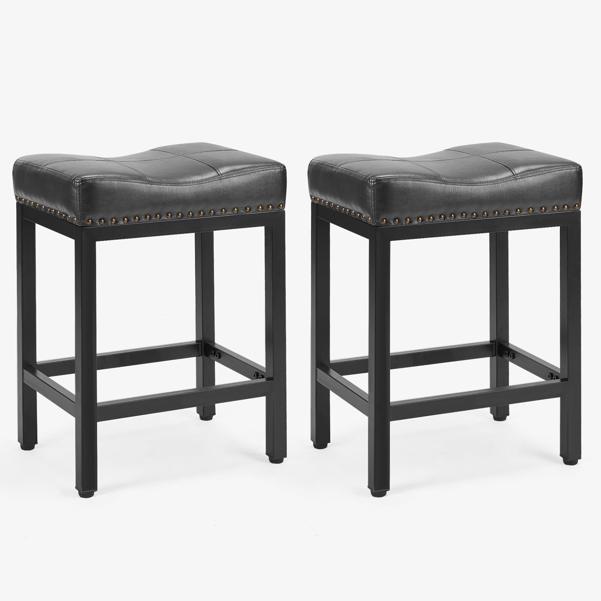 edx Bar Stools Set of 2, Modern Counter Height, 24 Inch Kitchen Barstools with Metal Base, PU Leather Saddle Seats for Kitchen Island, Black