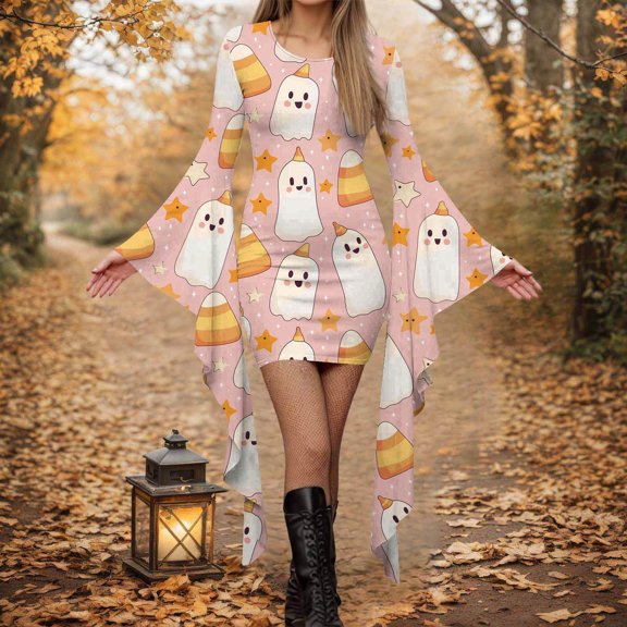 Womens Fall Halloween Dress Ghost Pumpkin Print Spooky Graphic Long Irregular Sleeve Crew Neck Flowy Dresses Blue 3 S