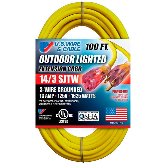 USW 14/3 100ft SJTW Yellow Lighted Extension Cord