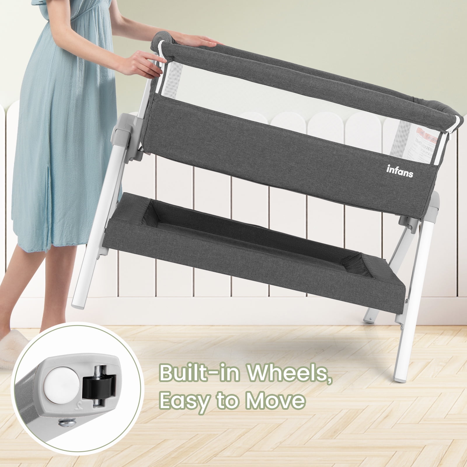 OLAKIDS Baby Bassinet Bedside Crib, Newborn Sleeper w/Large Storage Basket, Adjustable Heights, Detachable &Washable Mattress, Breathable Mesh, Straps, Easy Moving Bed Side (Misty Grey)