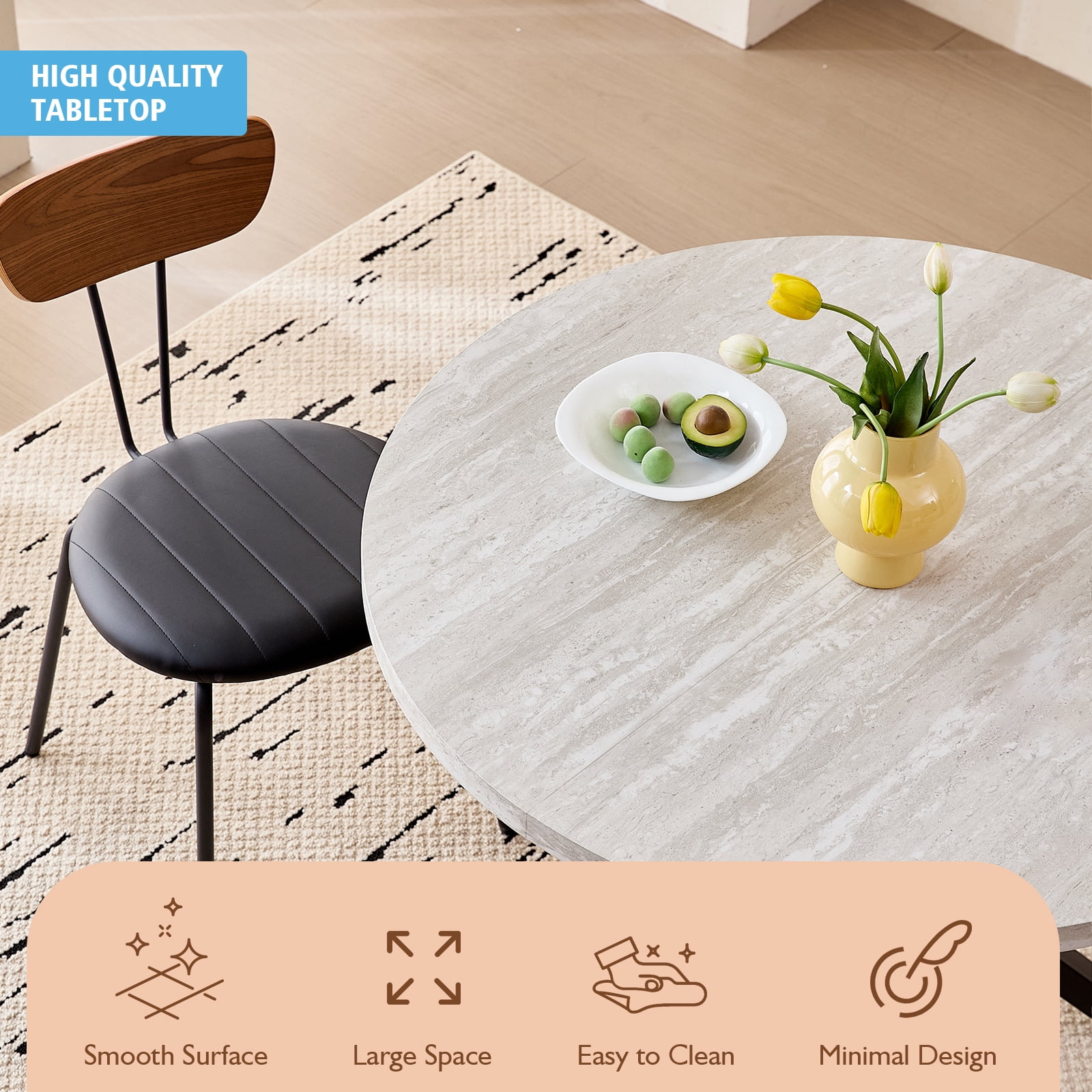 39 Inch Round Dining Table for 4, Mid-Century Kitchen Leisure Table for Apartment Living Room Space Saving, Metal Cross Legs, Gray Stone Pattern