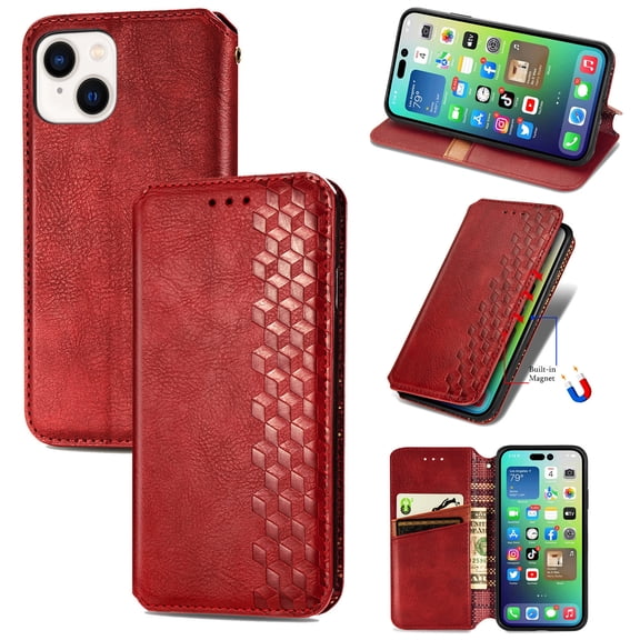 Decase for iPhone 14 Plus Wallet Case,Slim Leather Flip Card Slots Stand Shockproof Cover,PU Leather Back TPU Bumper Protective Case,Red