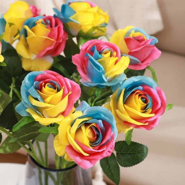 Set de rosas artificiales | 16pcs Flores de tela de seda con tallos largos | Ramo de flores falsas Real Touch | Multicolor para decoración de jardín de fiesta de boda en el hogar | 20.47" de alto