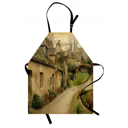 European Apron British Town with Stone Houses Retro England Countryside Buildings Image Print, Unisex Kitchen Bib Apron with Adjustable Neck for Cooking Baking Gardening, Grey Green, by