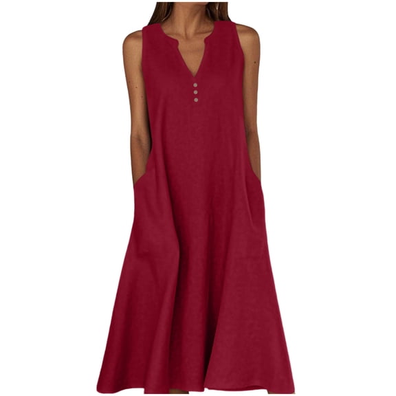 asdoklhq Short Sleeve Dress Women's Summer Casual Dress Gradual Sleeveless Neck V-Neck Long Dress Wine 5X