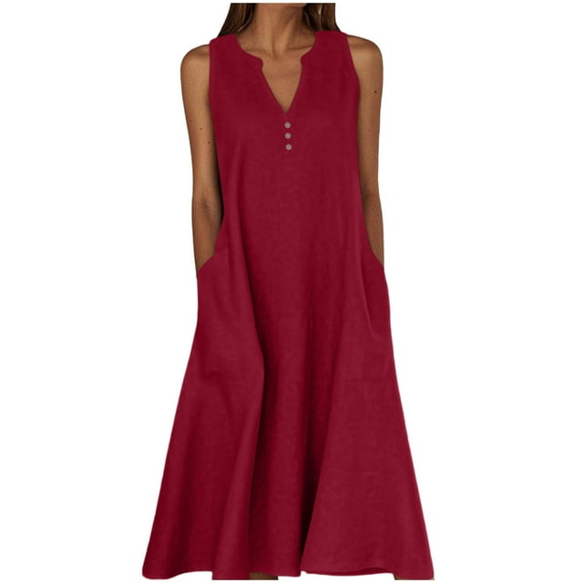 ShomPort Robes en Lin pour Femmes Coton Sans Manches Col en V Robe Maxi Ample Été Robe d'Été Fluide