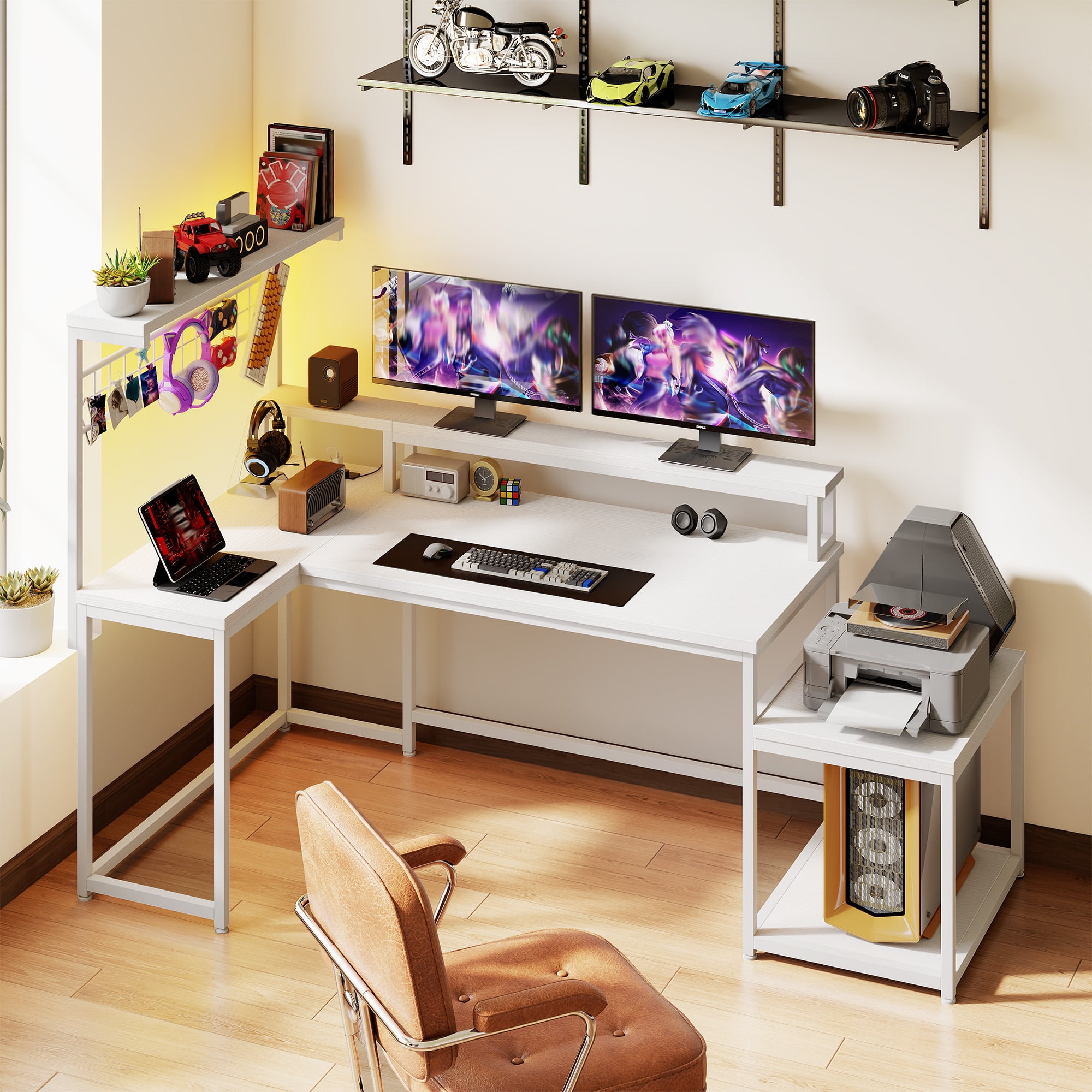 Romorgniz 55.6"W L Shaped Computer Desk with LED Lights & Power Outlets, Gaming Desk with Monitor Stand, Printer Stand & Storage Shelves for Home Office, White