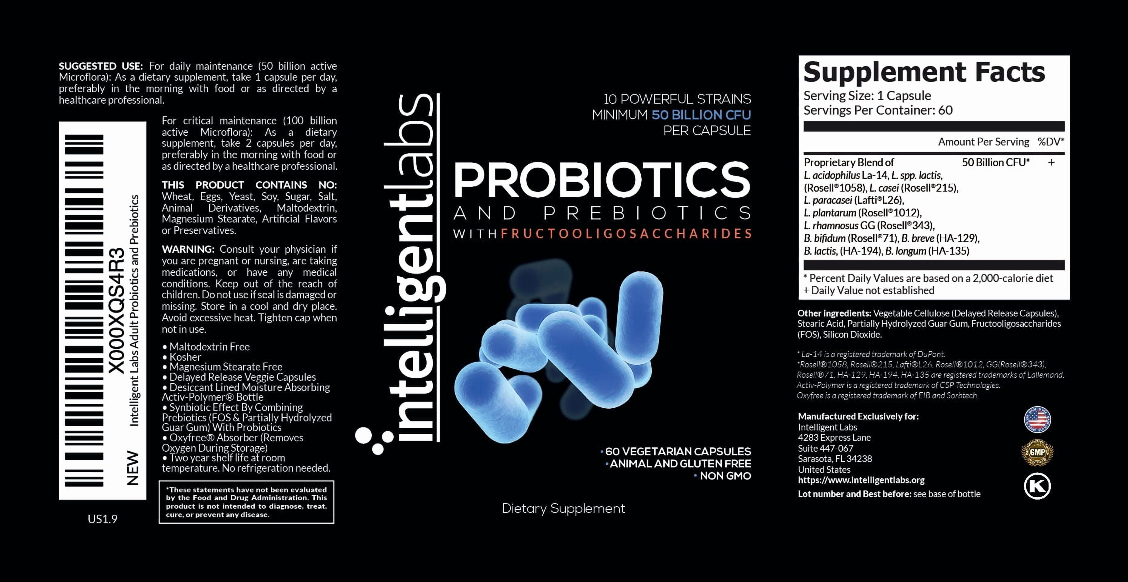 Intelligent Labs 50 Billion CFU Probiotic with Prebiotics For Men & Women | Digestive & Immune Support | Delayed Release Capsules | Shelf Stable | 60 Capsules (60-Day Supply)